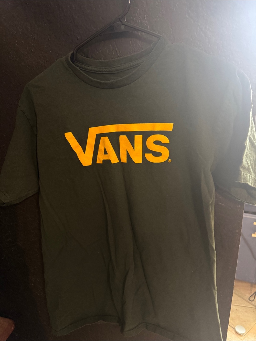 Vans Men's Olive Green Short Sleeve Tee with Yellow Logo
